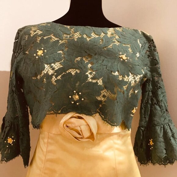 UNBRANDED Hand-Made Vintage 60s Green Lace Yellow Satin Beaded Fitted Dress XXS - Picture 5 of 14